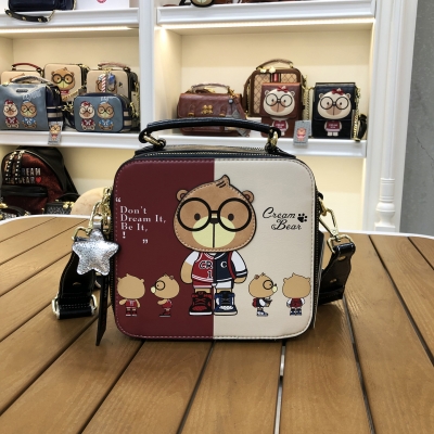 1180-2 CREAM BEAR Cremefarbene Bärentasche für Damen, modisch, niedlich, kleine quadratische Tasche, One-Shoulder-Umhängetasche mit breitem Schultergurt, Umhängetasche
